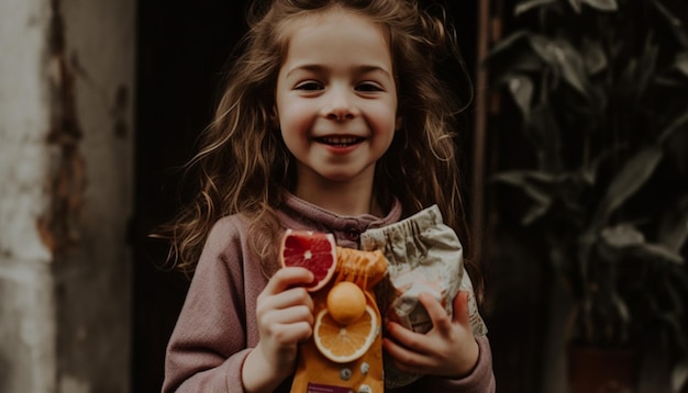 Une jolie fille souriante tenant un cadeau de fruits appréciant une douce collation d'automne générée par l'IA