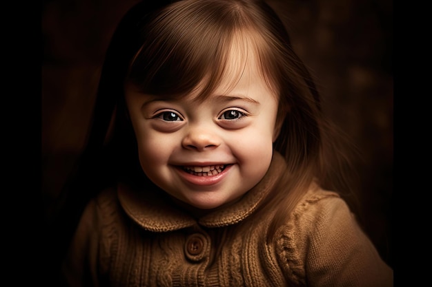 Une jolie fille avec le syndrome du sourire sur le fond brun Generative Ai