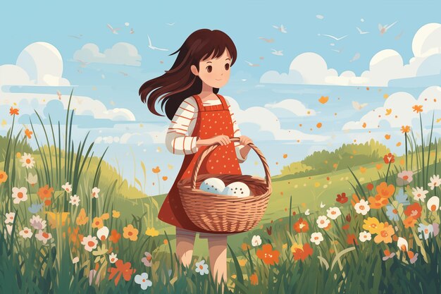 Photo une jolie fille tenant un panier d'œufs de pâques à l'extérieur illustration de dessin animé par generative ai