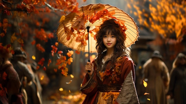 Une jolie fille tenant un parapluie chinois dans un parc en automne