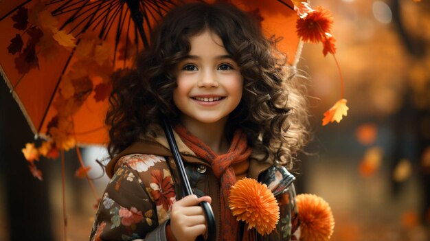 Une jolie fille tenant un parapluie chinois dans un parc en automne