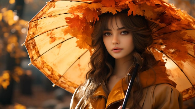 Une jolie fille tenant un parapluie chinois dans un parc en automne