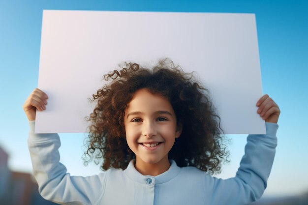 Photo une jolie fille tenant un tableau blanc adapté au texte