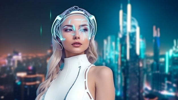 Jolie fille avec une tenue futuriste Sourire agréable Arrière-plan du futur pôle technologique urbain de la métropole GÉNÉRER L'IA