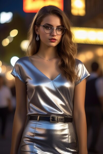 Une jolie fille en vêtements d'argent et des lunettes se tient dans la rue la nuit