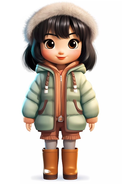 Une jolie fille vêtue de vêtements d'hiver, un personnage de dessin animé heureux.