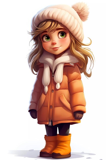 Une jolie fille vêtue de vêtements d'hiver, un personnage de dessin animé heureux.