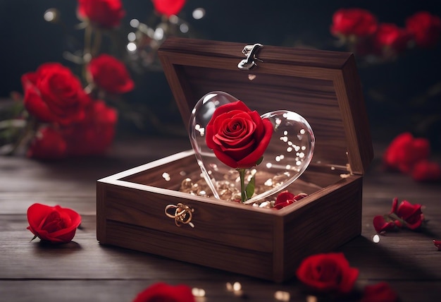 Une jolie fleur rouge dans un cœur transparent avec un beau fond Joyeux jour de la Saint-Valentin