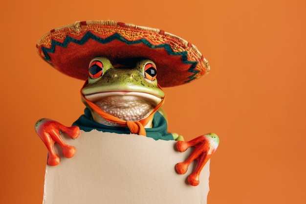 Photo une jolie grenouille mexicaine portant un chapeau de sombrero traditionnel tenant une bannière de message publicitaire vide