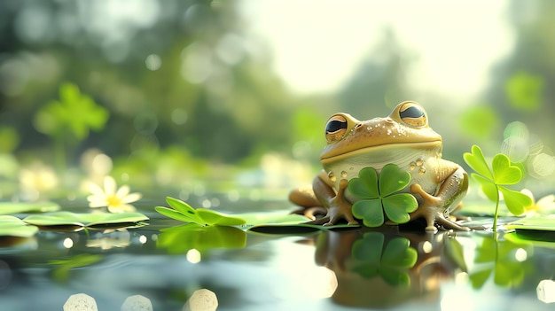 Photo une jolie grenouille verte est assise sur un lis dans un étang la grenouille tient un trèfle à quatre feuilles dans sa main le fond est un vert flou