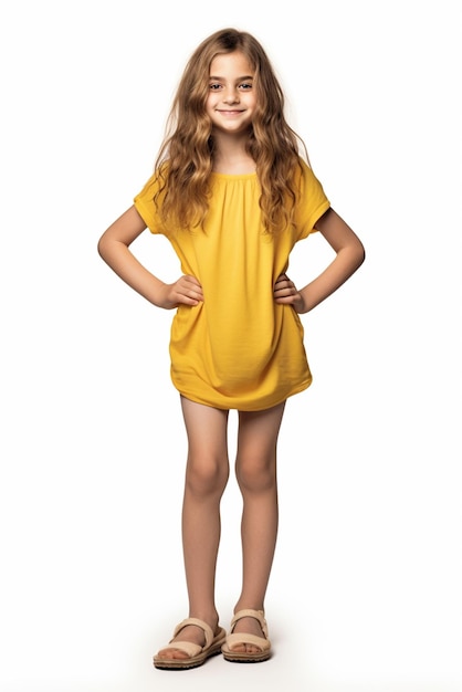 Une jolie et heureuse fille vêtue de vêtements jaunes se tient isolée sur un fond blanc