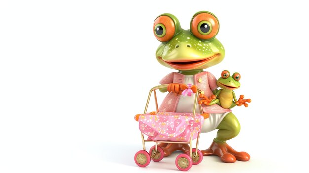 Une jolie illustration 3D d'une grenouille verte portant une chemise rose et poussant une poussette rose