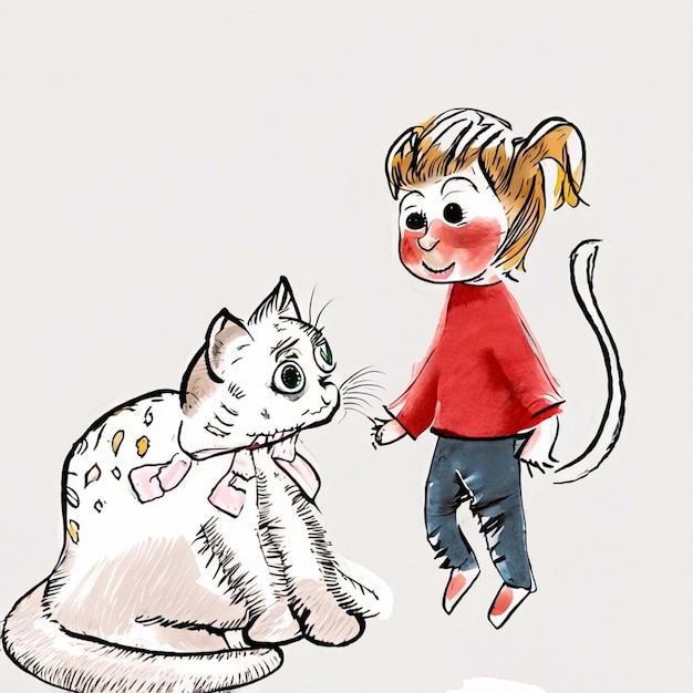 Jolie illustration d'un bébé rampant sur le sol et d'un chat dessiné à la main avec des crayons de couleur