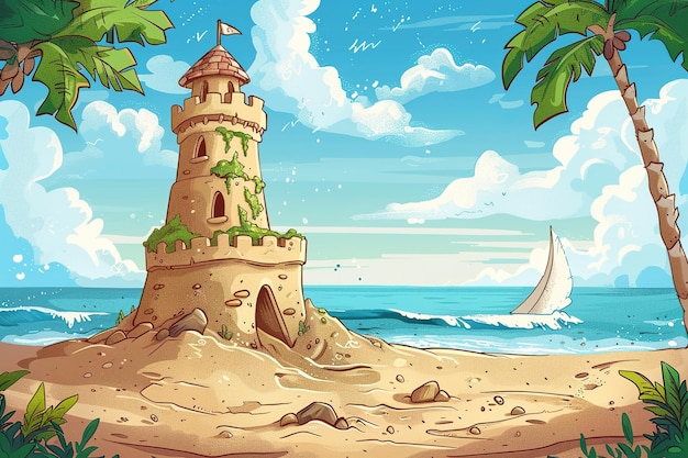Une jolie illustration de dessin animé d'un château de sable sur la plage tropicale au bord de l'océan un jour d'été ensoleillé