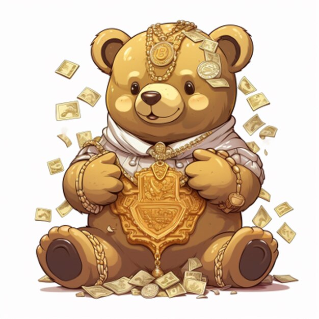 une jolie illustration de dessin animé d'ours portant un collier d'or