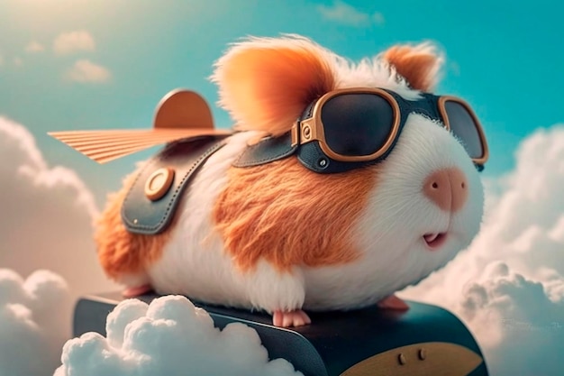 Jolie illustration drôle de cochon d'Inde volant dans un monde fantastique avec des nuages et un ciel bleu