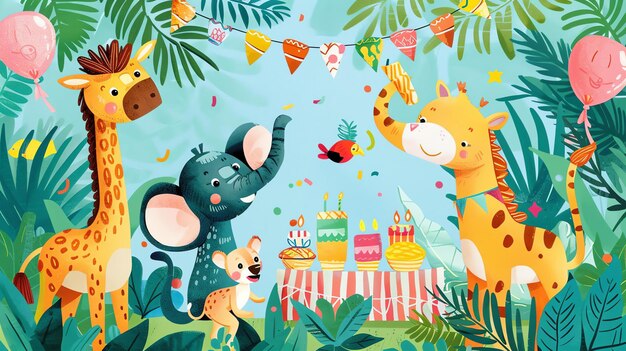 Une jolie illustration d'une fête d'anniversaire sur le thème de la jungle