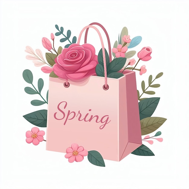 Une jolie illustration d'un sac d'achat rose avec des fleurs et des feuilles de printemps