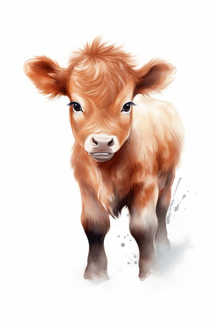 Jolie illustration d'une vache bébé sur fond blanc aquarelle