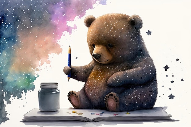 Jolie image aquarelle d'un ours peignant une étoile qui peut être utilisée pour une douche de bébé ou une affiche pour enfants avec un fond blanc isolé