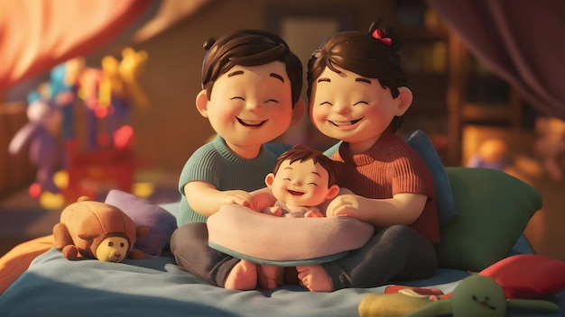 Jolie jeune famille assis à la maison sur un lit
