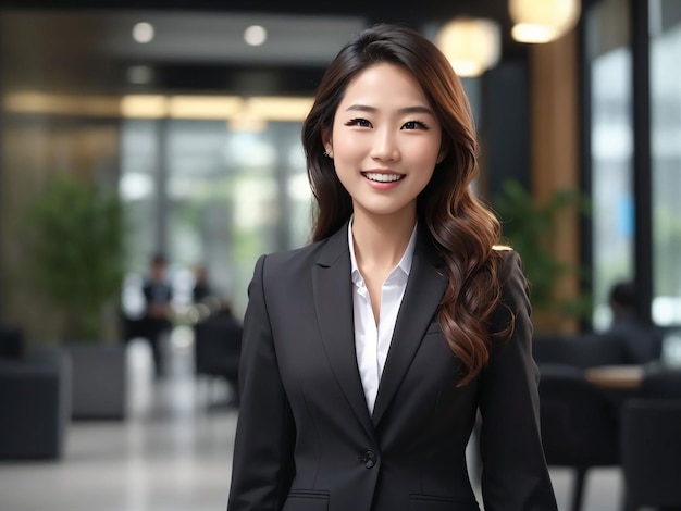 Jolie jeune femme d'affaires asiatique gaie portant un costume formel et souriant en position debout