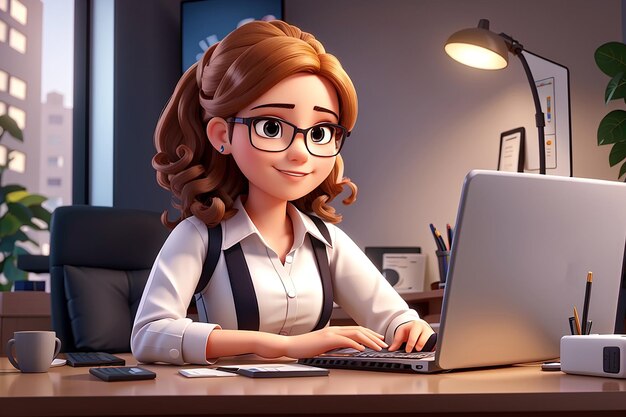 Jolie jeune femme d'affaires travaillant avec un ordinateur portable vidéoconférence communication en ligne illustration 3d personnage de dessin animé