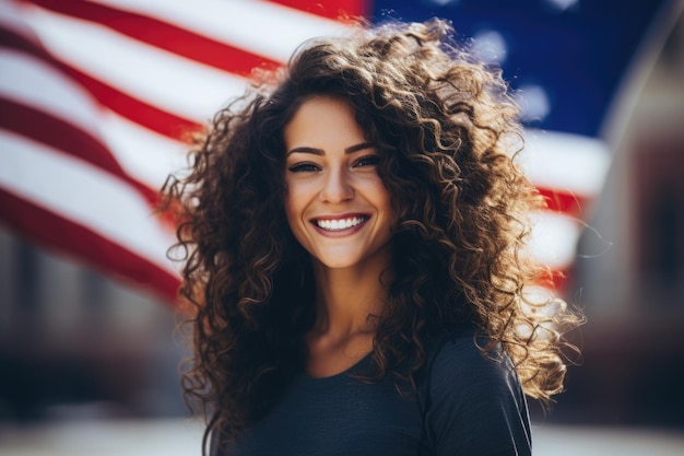 Photo une jolie jeune femme américaine et un drapeau américain souriant indépendant des états-unis