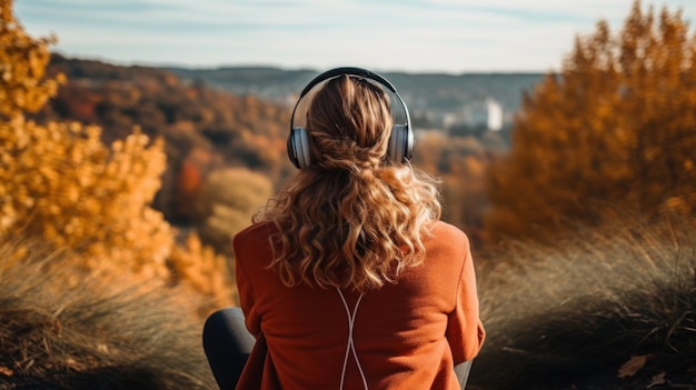 Une jolie jeune femme apprécie la musique avec des écouteurs à l'extérieur et s'amuse au milieu de la nature