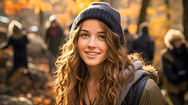 Jolie jeune femme aux yeux clairs souriante portant un chapeau de randonnée noir Forêt ou paysage d'automne avec des feuilles jaunes sur les arbres