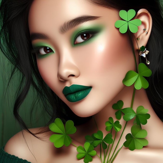 jolie jeune femme caucasienne avec du rouge à lèvres vert et du maquillage vert et des feuilles de trèfle vert