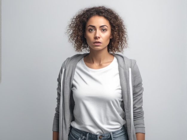 Jolie jeune femme choquée et effrayée debout isolé sur fond blanc