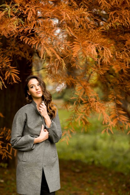 Jolie jeune femme dans le parc en automne