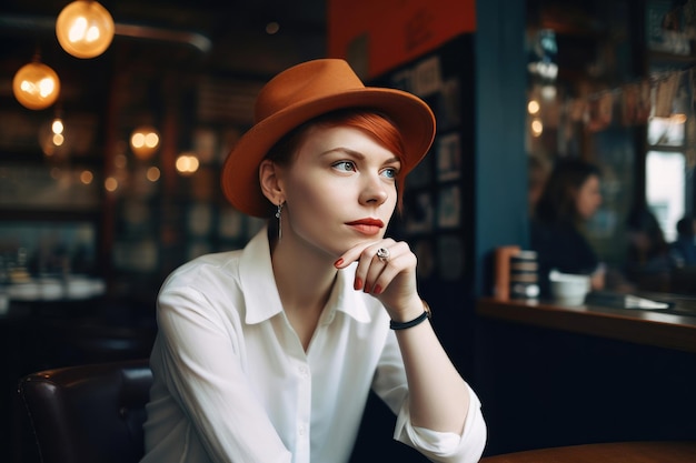 Jolie jeune femme dans un style moderne et un chapeau pensant dans un café