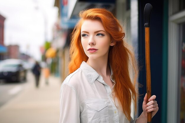 Une jolie jeune femme debout à l'extérieur avec un bâton de marche créé avec une IA générative