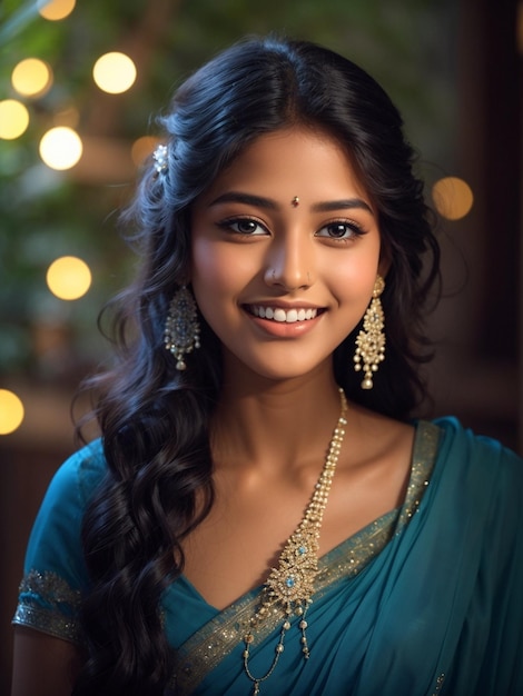 Une jolie jeune femme ou fille indienne réaliste en ornements dorés regardant la caméra