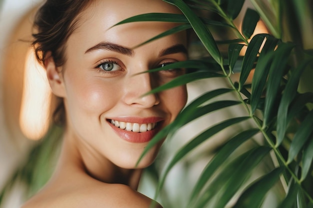 Photo une jolie jeune femme avec une grande feuille verte