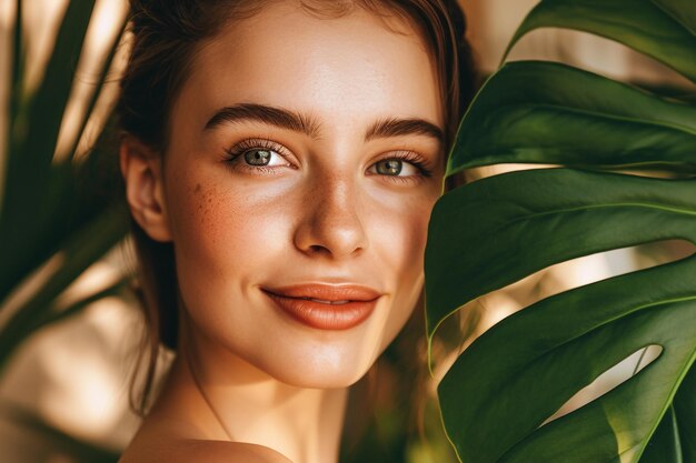 Photo une jolie jeune femme avec une grande feuille verte