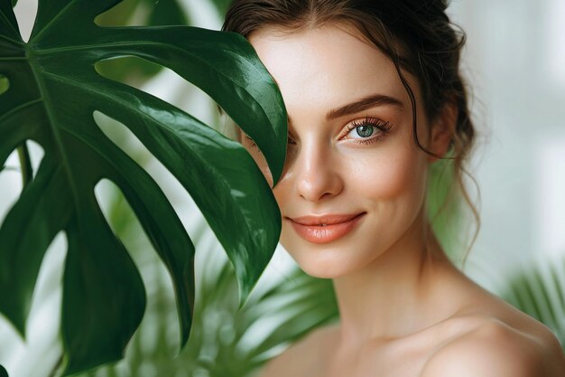 Une jolie jeune femme avec une grande feuille verte