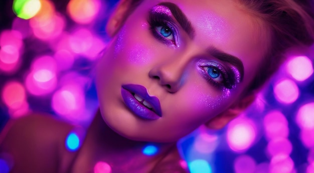 jolie jeune femme maquillage au néon UV couleurs fluorescentes fond foncé femme avec maquillage UV