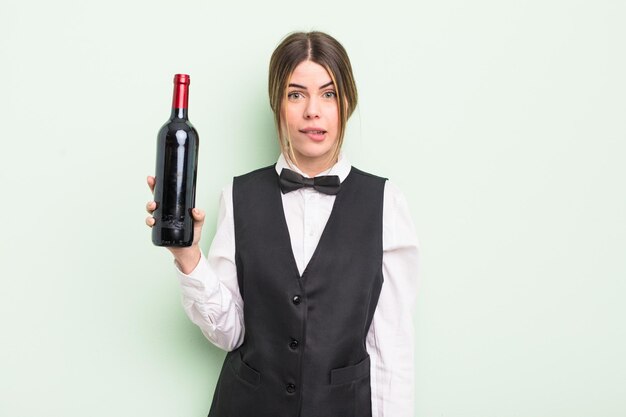 Jolie jeune femme à la perplexe et confus serveur et concept de bouteille de vin
