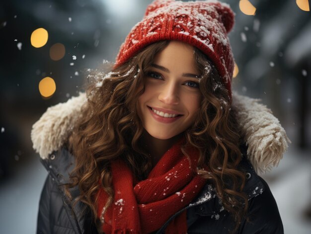 Jolie jeune femme portrait très beauté visage mignon portant un manteau de Noël rouge portant Noël ha