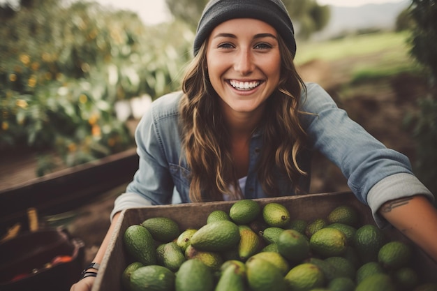 Jolie jeune femme ramasser des fruits dans la ferme d'automne