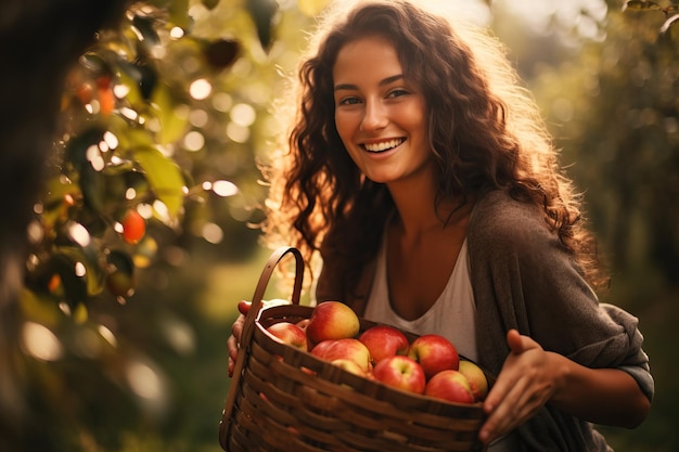 Jolie jeune femme ramasser des fruits dans la ferme d'automne