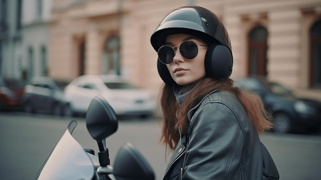 Jolie jeune femme sur un scooter au milieu de la ville L'IA générative