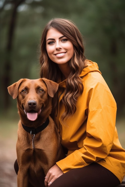 Une jolie jeune femme avec son chien debout à l'extérieur créé avec une IA générative