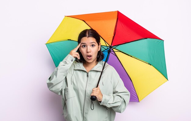 Jolie jeune femme à la surprise de réaliser une nouvelle idée de pensée ou un concept de pluie et de parapluie