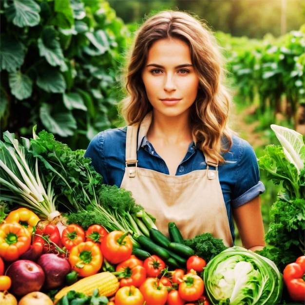 Une jolie jeune femme tenant des légumes frais dans un champ