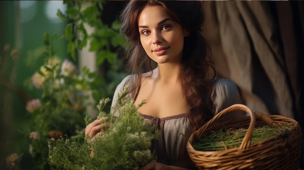 jolie jeune femme tenant un panier avec des herbes