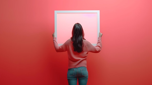 Une jolie jeune femme tenant un tableau blanc avec un espace de copie